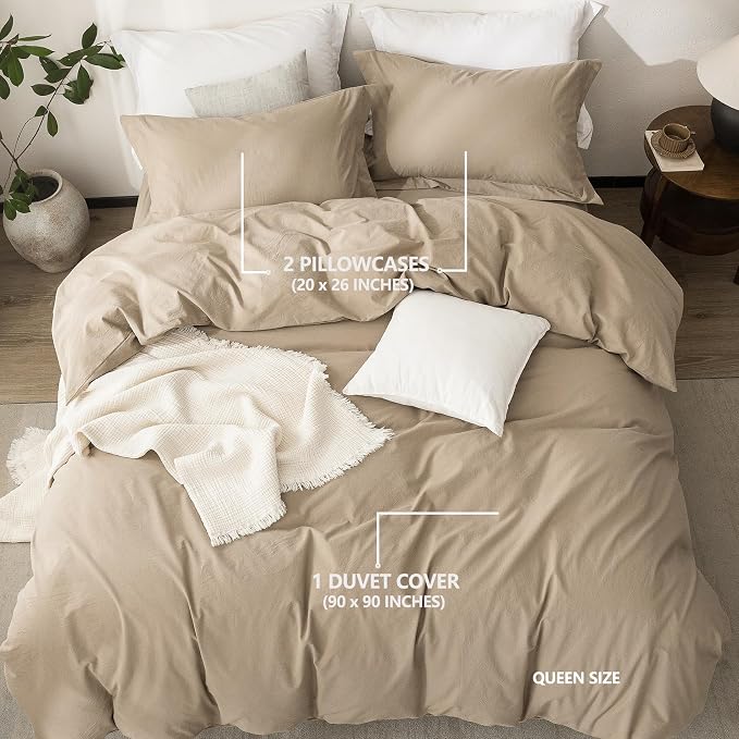 Linen Feel Duvet Cover Queen Size 90inch x 90inch,100% Washed Cotton Duvet Cover with Zipper Closure and 2 Pillowcases, Color of Mocha Brown