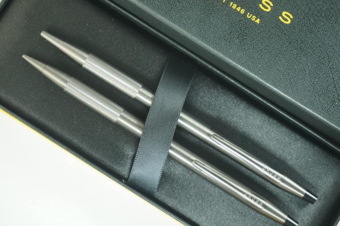 AT CROSS Cross Century Classic Titanium Gray finishes with a Band of Diamond Cut Micro-Knurl Detailing Barrel Ballpoint Pen and 0.7MM Pencil Set