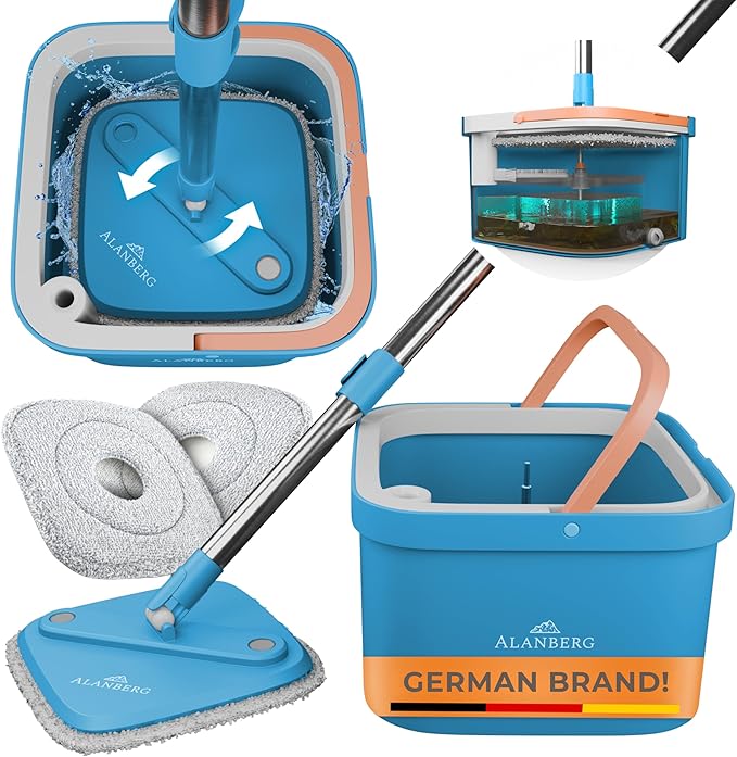 Spin Mop and Bucket Set with Wringer – Dual-Chamber Self Wringing Mop, Flat Microfiber Mop for Hardwood, Tile & Vinyl Floors, 2 Washable Replacement Heads, 63" Handle, Blue