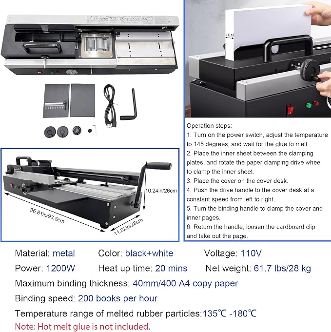 110V Manual Hot Glue Binder, A4 Hot Melt Binding Machine with Dual Rollers for Strong Bond, Thermal Book Binder 1.57" Thickness 200 Books/H for Small Business Home Office Print Shop