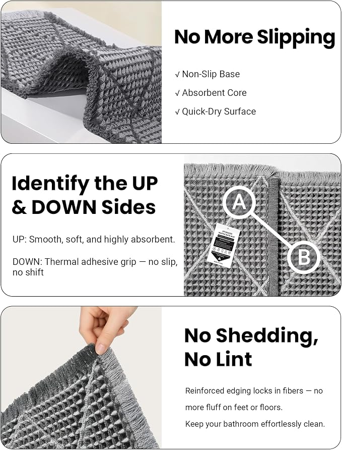 Furicher Waffle Bath Mat Set, Non Slip Bathroom Rugs Sets 2 Piece, Ultra Absorbent Bathroom Runner Rug for Boho Bath Room Decor, Machine Washable Boho Mats, Grey & Light Grey, 20"×47" Plus 18"×30"