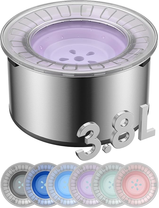 Heouvo 1 Gallon No Spill Dog Water Bowl with Slow Drinking Disk(Purple) | Splash-Proof Lid + Stainless Steel Bowl/Rubber Bottom/Slobber Stopper Water Bowl for Large Sloppy Messy Drinkers Reduce Mess