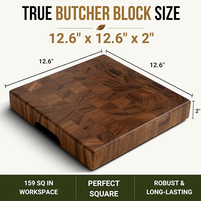 SHUMARU End Grain Cutting Board, 12.6 x 12.6 x 2 Inch Thick Square Butcher Block, Premium Exotic Heartwood, Knife-Friendly Chopping Block with Non-Slip Feet & Hidden Side Handles