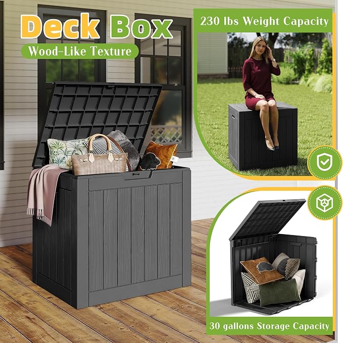 DRATO 35 Gallon Outdoor Storage Box Waterproof, Lockable Resin Deck Box for Patio Furniture, Pool Supplies & Garden Tools, Weatherproof Outside Storage Bin for Backyard Porch (Black, 35 Gallon)