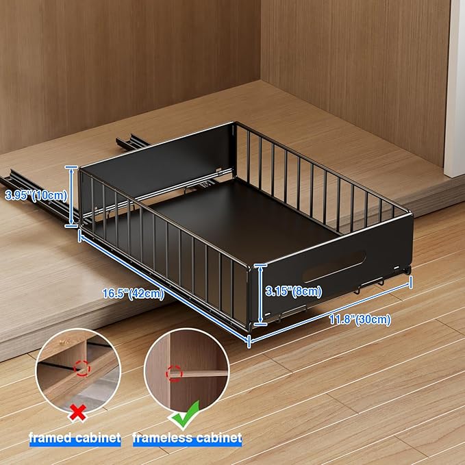 Mustorn 2 Pack Pull Out Cabinet Organizer, Slide Out Drawers for Cabinets, Peel and Stick, Heavy Duty Shelves for Kitchen, Cupboard, Pantry, Bathroom (16.5"D*11.8"W*3.94"H-Black)