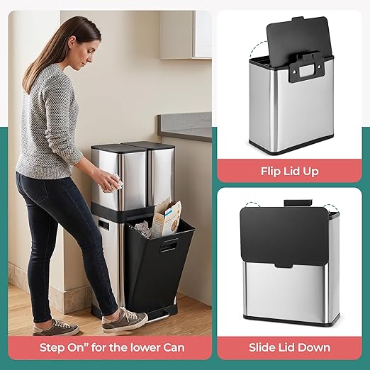 HOLDN’ STORAGE 32L Triple-Compartment Trash & Recycling Bin for Kitchen, 2 Removable Hook-On Bins, Multi-Access Opening, Odor Control, Stainless Steel, 3 Trash Bag Rolls Included