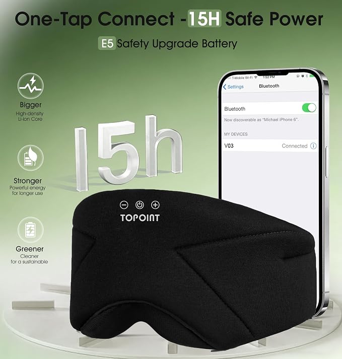 Sleep Mask with Headphones Bluetooth 5.4, TOPOINT Blackout Eye Mask for Sleeping Headphones Earphones with Soft Bamboo Cotton Cooling Breathable, Speaker for Side Sleepers Women Men Travel, Black
