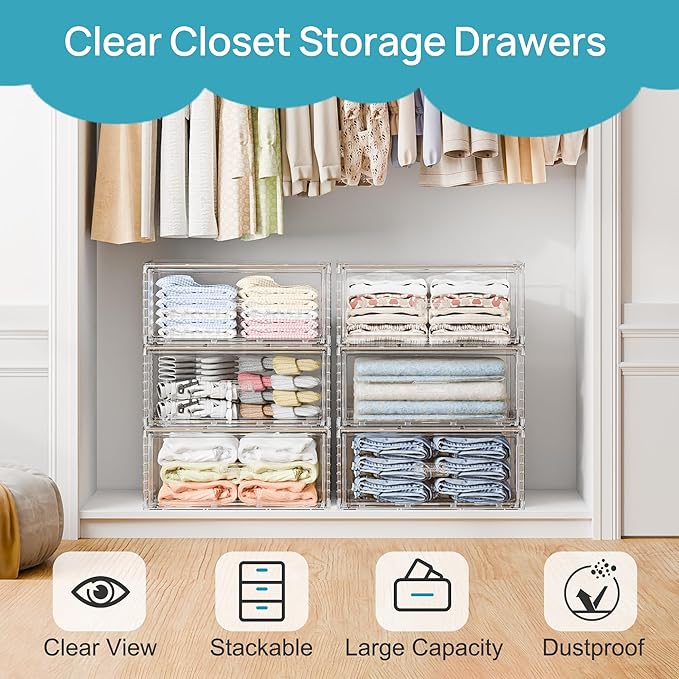 Vtopmart 6 Pack Large Clear Stackable Storage Drawers 23QT, Easily Assemble Plastic Closet Storage Bins, Dust-Proof UnderBed Organizer for Clothing, Sweater Organization