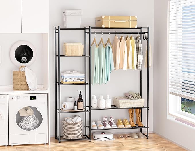 Neprock Wardrobe Closet, Portable Clothing Rack for Hanging Clothes, Free Standing Closet Organizers and Storage System with 4 Tiers Shelves for Cloakroom Bedroom,Black