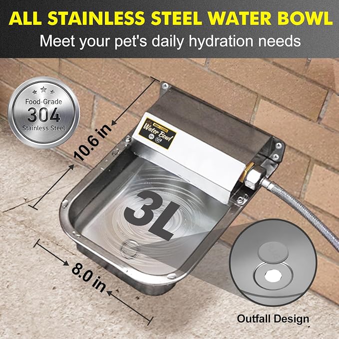 Automatic Water Dispenser for Dogs, 3L Stainless Steel Dog Water Bowl Dispenser, Automatic Water Feeder for Chicken & Livestock, Outdoor Auto-Fill Water Bowl Fit 3/4'' GHT Faucet, Easy Clean