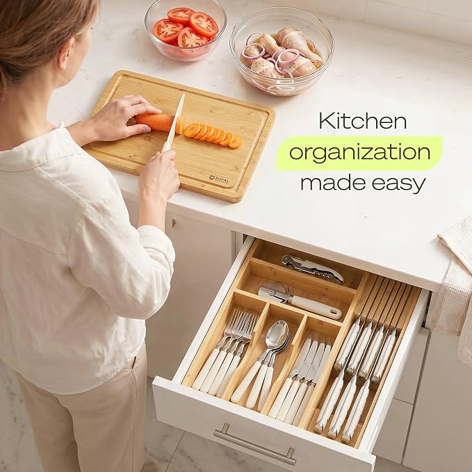 Drawer Organizer with Knife Block for Kitchen Organization, Bamboo Silverware Drawer Organizer, Compact Bamboo Cutlery Tray for Flatware and Utensils, Removable 7-Slot Knife Block for Kitchen Drawers