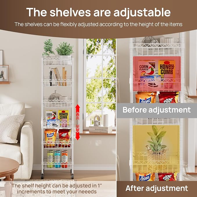 Golpart 6 Shelves Storage Shelf Wire Closet Bathroom Organizers Metal Pantry Kitchen Garage Shelving Unit Laundry Room Organization Home Rack Net Basket White with Wheels 14" Dx14 Wx64.8 H