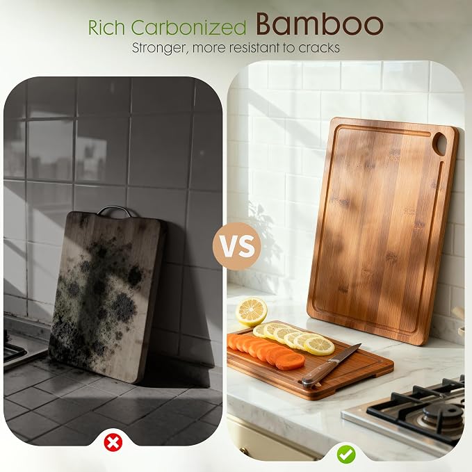 Astercook Deep-Carbonized Bamboo Cutting Boards for Kitchen with Wood Storage Stand, Reversible Charcuterie & Chopping Boards with Juice Grooves and Easy-Grip Handles, Fathers Day Gift for Men