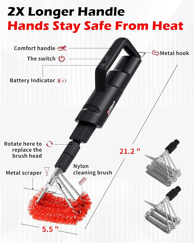 Electric Grill Brush – Long Handle, Innovative Reciprocating Motor Grill Cleaner (600/720 Strokes/min), Powerful Cleaning, 3 Interchangeable Brush Heads, Ideal BBQ Gift for Dads & Grill Lovers