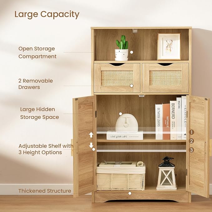 Iwell Storage Cabinet with 2 Drawers & Adjustable Shelves, Rattan Cabinet, Kitchen Pantry Cabinets, Cupboard for Living Room, Kitchen, Home Office, Natural SNG008NR