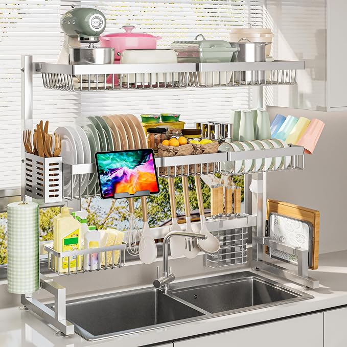 ADBIU Luxurious 304 Stainless Steel Over Sink Dish Drying Rack (Suitable for Sink Length 26.3"- 37.4") Snap-On Design 2 Tier Large Kitchen Dish Rack Stainless Steel Counter Organization and Storage