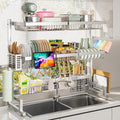 ADBIU Luxurious 304 Stainless Steel Over Sink Dish Drying Rack (Suitable for Sink Length 26.3"- 37.4") Snap-On Design 2 Tier Large Kitchen Dish Rack Stainless Steel Counter Organization and Storage