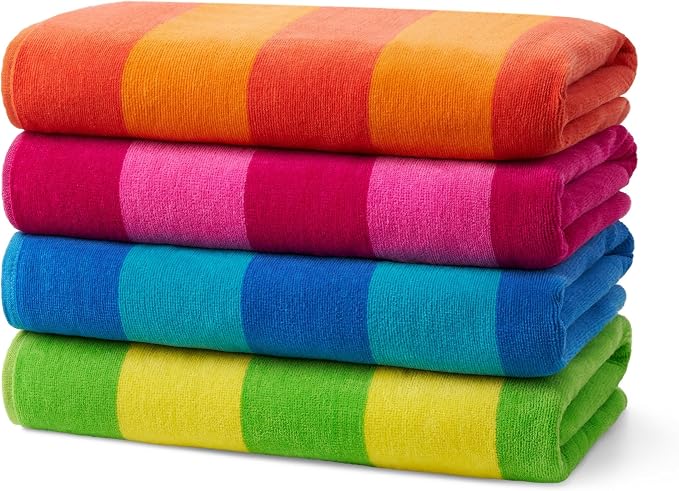 Kaufman - Soft Oversized Beach Towels in Bulk | 29" x 58" Velour Striped Towel | Absorbent, Quick-Drying | 100% Cotton Thick Towels (4 Pack)