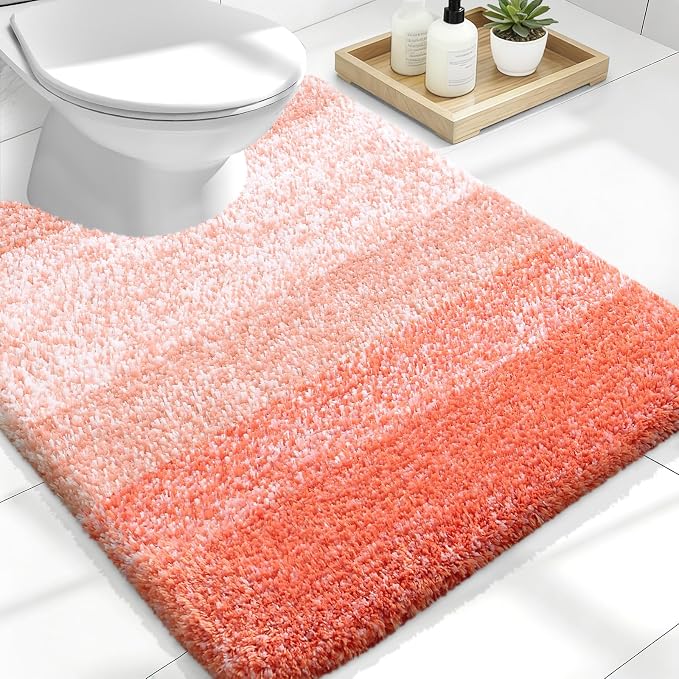 OLANLY Luxury Toilet Rugs U-Shaped 24x20, Extra Soft and Absorbent Microfiber Bathroom Rugs, Non-Slip Plush Shaggy Bath Mat, Machine Wash Dry, Contour Bathroom Mats for Toilet Base, Coral