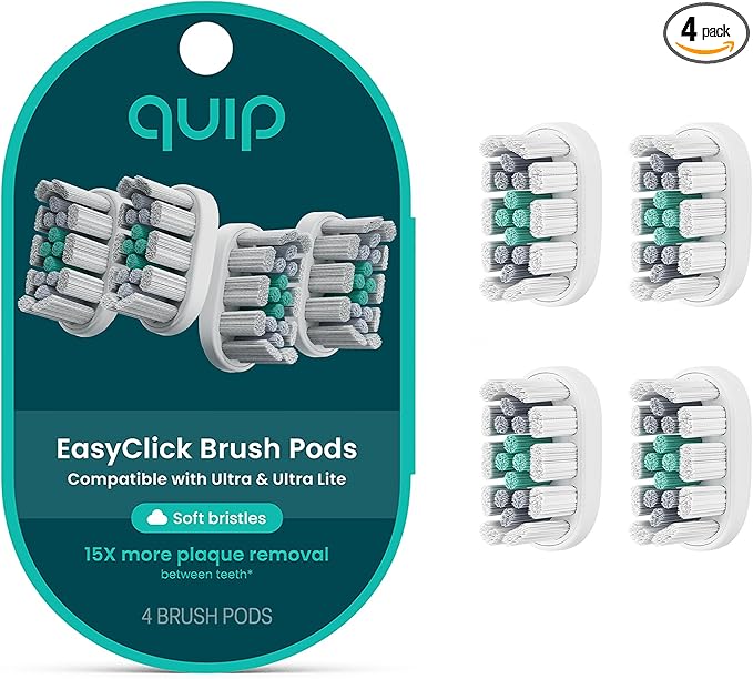 quip Ultra and Ultra Lite EasyClick Brush Pod Refill Heads - 4 Pack - Verified quip Brush Head Refills for Sonic Electric Toothbrushes - Soft Bristles, Compact - Last 3 Months Each - White