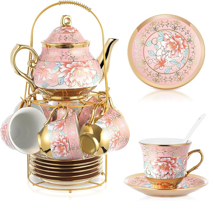 Zhehao 20 Pcs Porcelain Tea Set with Metal Holder and Spoon Adult Ceramic Tea Set European Flower Painting Teapot Cup Saucer Spoon for Women Mom Gift, Large Version (Pink Style)