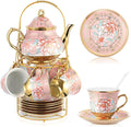Zhehao 20 Pcs Porcelain Tea Set with Metal Holder and Spoon Adult Ceramic Tea Set European Flower Painting Teapot Cup Saucer Spoon for Women Mom Gift, Large Version (Pink Style)