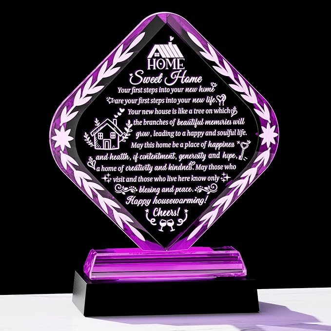 Arikyrist Crystal New Home Gifts for Women Men Housewarming Gift for Friends with LED Light Base Sweet House Warming Ideas Keepsakes for Couples Home Decoration