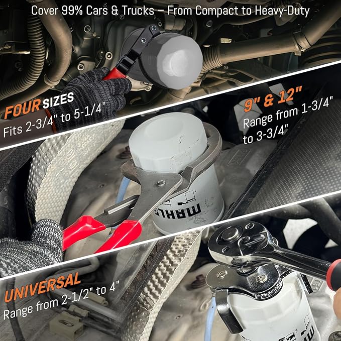 8-Piece Oil Filter Wrench Set, Oil Filter Removal Tool Cover 2-3/4" to 5-1/4", 9" & 12" Adjustable Oil Filter Pliers, Universal 3-Jaw Fuel Filter Wrench & Adapter for Car, Truck, Motorcycle