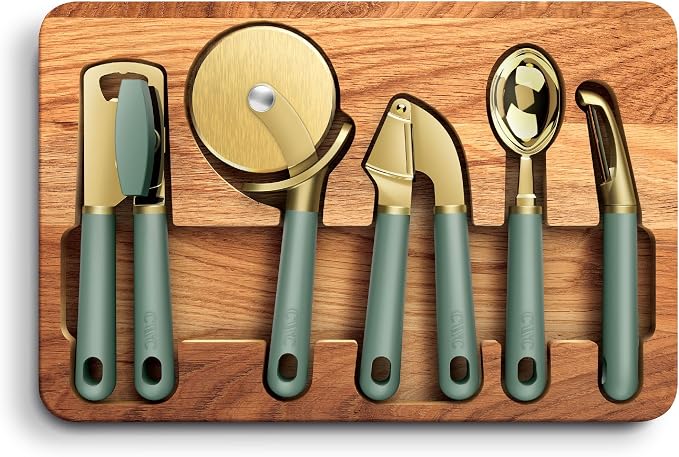 COOK WITH COLOR 6-Piece Kitchen Tool Set with Acacia Wood Cutting Board, Can Opener, Pizza Cutter, Garlic Press, Scoop & Peeler, Sage