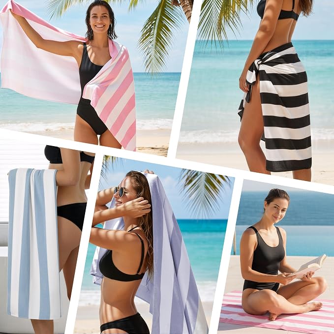 Touchat 4 Pack Beach Towels Stripe Microfiber Beach Towel Sand Free Quick Dry Swim Pool Towels for Adult, 30'' x 60'' Lightweight Travel Bath Towel, Camping | Ultra-Portable, Multi-Functional, Color