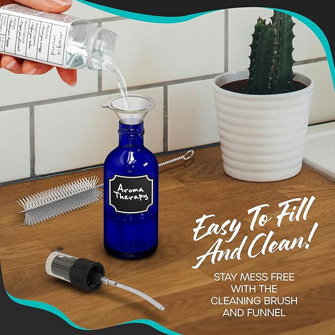 Nevlers Small Spray Bottle 2 Oz 48 Pack | Blue Glass Spritzer Bottles | Mini Spray Bottle Mist Set w/Labels, Marker, Funnel, Brush & Shrink Wrap | 2oz Glass Bottles for Oils, Scents & Travel Use
