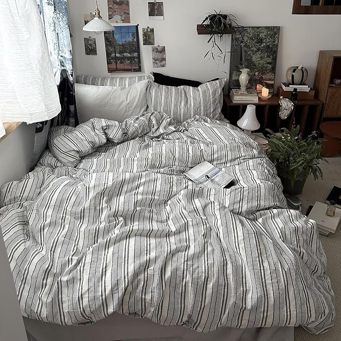 mixinni Washed Cotton Duvet Cover Twin Set - 3 Piece Gray & White Striped Bedding with Pillowcases | Vintage Industrial Style | 100% Cotton Soft Breathable-Twin Size