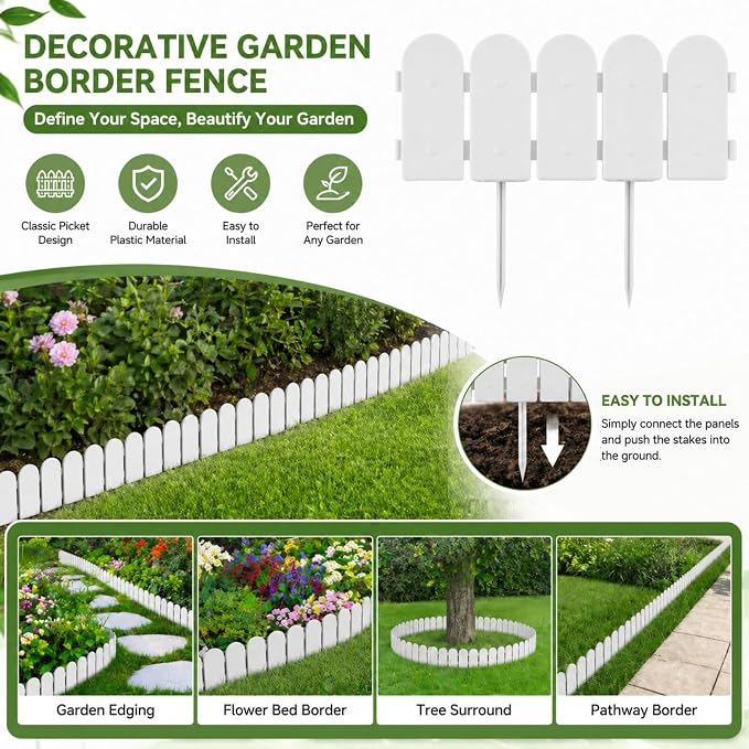 Garden Border Edging: Wooden Fence Design - 16pcs White Yard Landscaping Fence Liner Lawn Edge Barrier - 20ft Kit of Decorative Lawn Landscape Panels Elements-Landscaping Edging-GMT-10374-D16