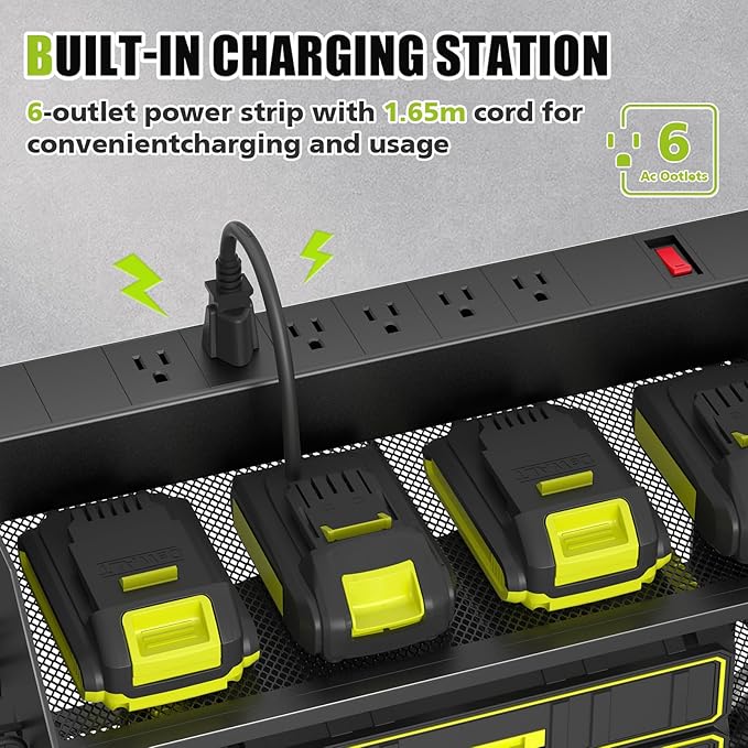 SUNALLY Power Tool Organizer Wall Mount with Charging Station,3 Layer Heavy Duty Metal Tool Storage Rack with 4 Drill Holders, Power Tool Shelf for Garage, Warehouse, Workshop, Gifts for Men, Husband