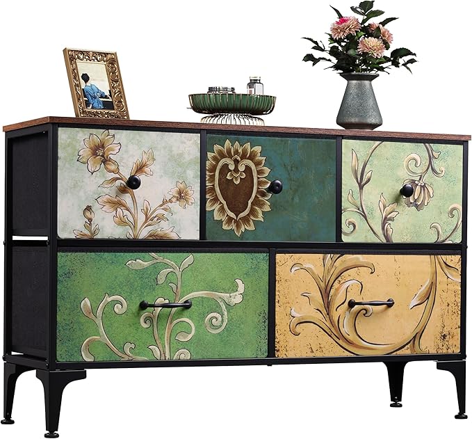 WLIVE Wide Dresser for Bedroom, 5 Drawer Chest of Drawers, Floral | 5 roomy fabric drawers, Wide storage design, Bedroom or closet use, Sturdy steel frame, Smooth wood tabletop