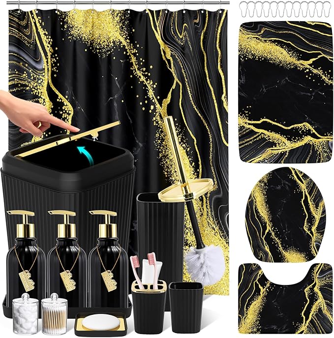 21PCS Bathroom Sets with Shower Curtain and Rugs Bathroom Accessories Set Black Bathroom Set Complete with Trash Can, Toilet Brush, Qtip Holder & 3PCS Soap Dispenser