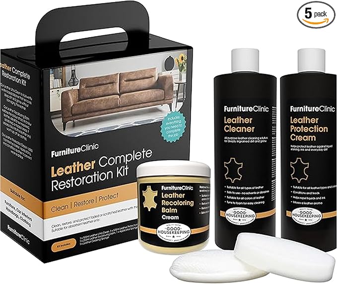 Furniture Clinic Leather Complete Restoration Kit | with Leather Recoloring Balm, Cleaner, 2-in-1 Protection Cream & Conditioner, Sponge, and Cloth | Repair Kit for Furniture (Cream)