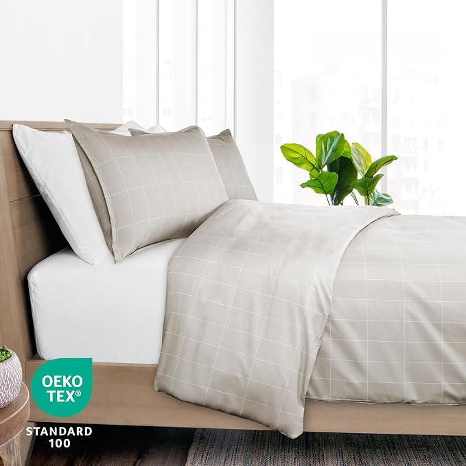 Bare Home Duvet Cover - Queen Size Bedding Set - Premium 1800 Super Soft Collection - Lightweight, Cooling - Soft Breathable Duvet Cover (Queen, Grid – Stone/White)