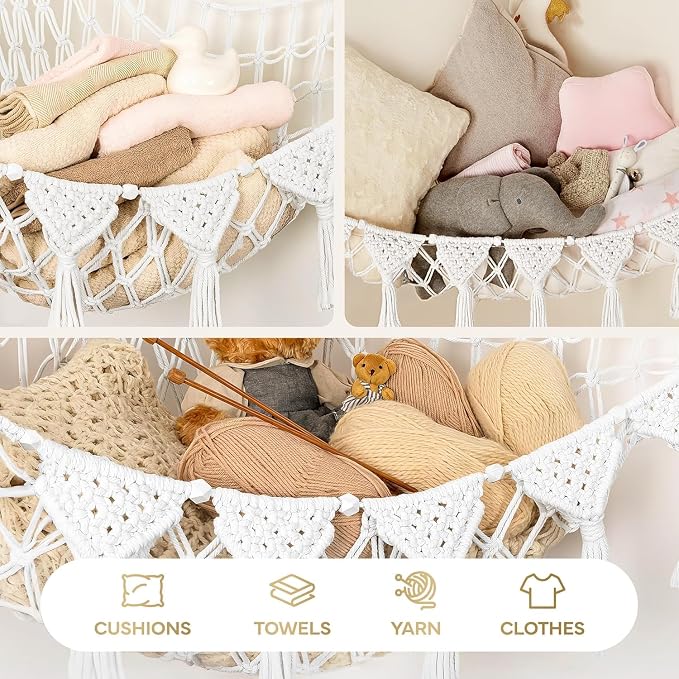 TIDYTEDS XL Stuffed Animal Hammock – Handcrafted Corner Net, 4mm Double Macrame Cord, 100% Natural Cotton Plushie Holder with LED Light (Pure White)