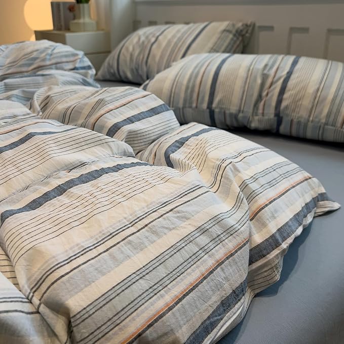 mixinni Vintage Blue and White Striped Duvet Cover Set Full - 100% Washed Cotton 3 Piece Bedding Set with Geometric Pattern, Soft Breathable Comforter Cover with Zipper Closure & Corner Ties