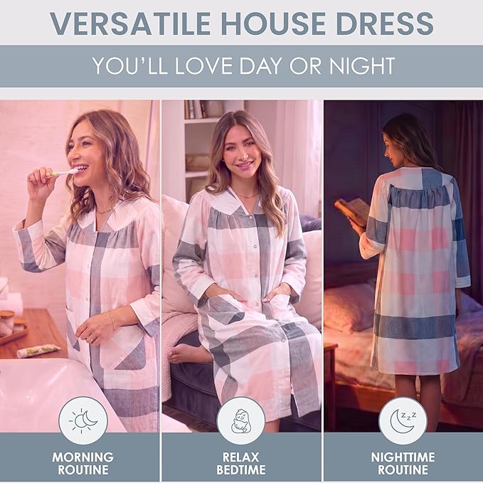Casual Nights Women's Floral Snap Front Flannel Duster Long Sleeve Lounger Dress