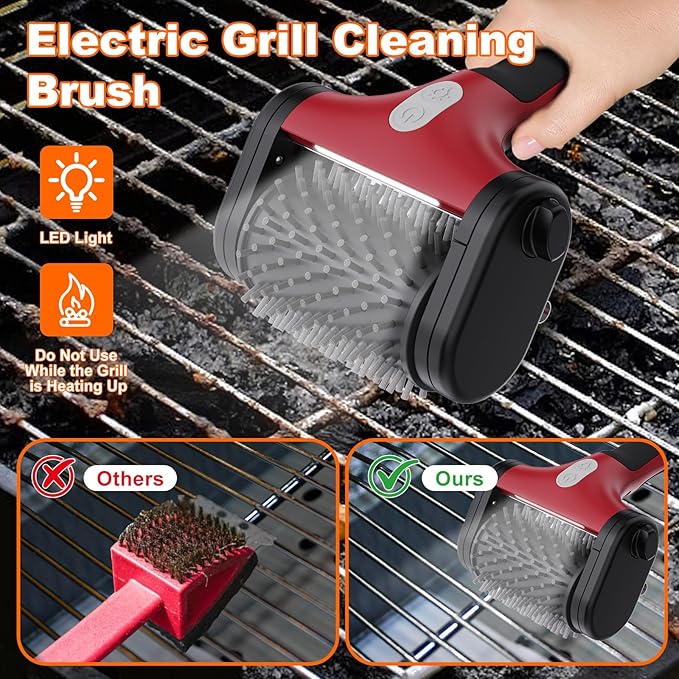 Electric Grill Brush for Outdoor Grill,2600mAh Rechargeable Electric Grill Cleaner with 2-Speed(Max 1000RPM)，2 Replacement Heads and LED Light for Outdoor/Camping BBQ Grates Cleaning Tool (Red)