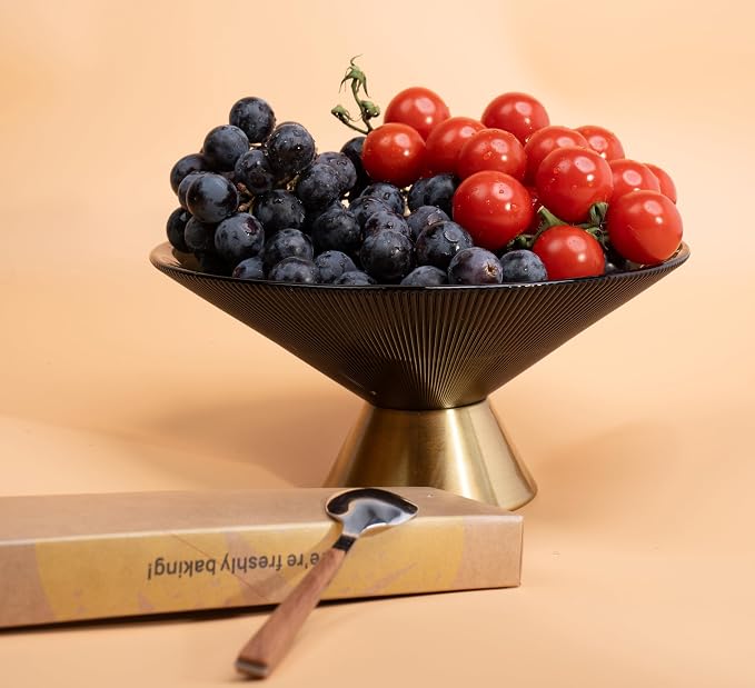 Tapered Glass Decorative Bowl (Gray), 9.8 Inches Handblown Striped Design Glass Bowl with Rust Resistant Metal Base,Decorative Fruit Bowl for Home Decor,Table Centerpiece,Kitchen Island,Dining Decor
