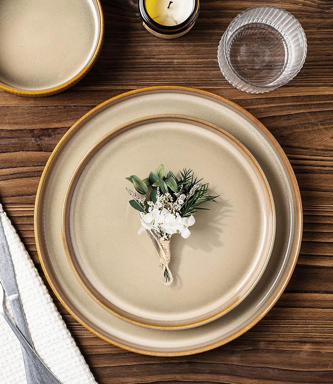 TheTerra Ceramic Dinnerware Sets for 4, 12 Pieces Porcelain Lightweight Plates and Bowls Sets, Scratch Resistant Dish Set, Oven & Microwave & Dishwasher Safe, Creamy Amber