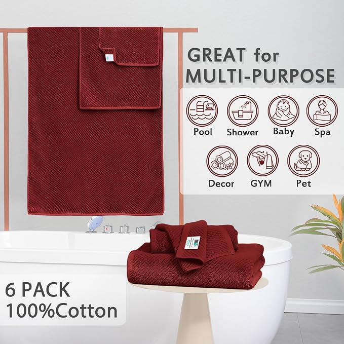 VOOVA & MOVAS 6PC Towel Set, 100% Cotton, Burgundy Red | 2 Large Bath 30x56 In, 2 Hand 18x28 In, 2 Washcloths 13x13 In, Soft, Quick Dry, Towel Gift Set