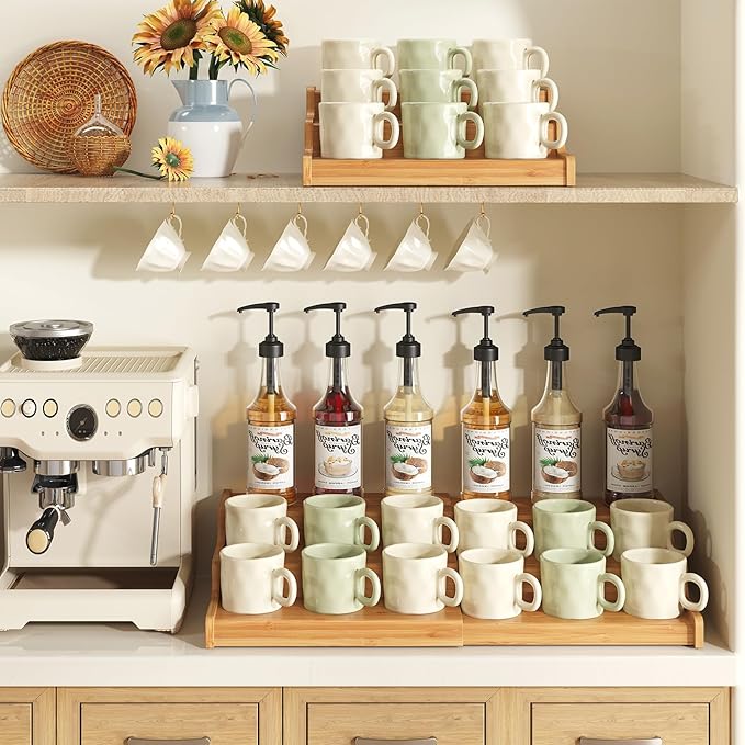 Hongtamoya 3-Tier Expandable Bamboo Mug Holder For Countertop Coffee Cup Holder Display Mug Organizer Mug Rack for Coffee Bar Organizer Mug Shelf for Cabinet for Kitchen, Home