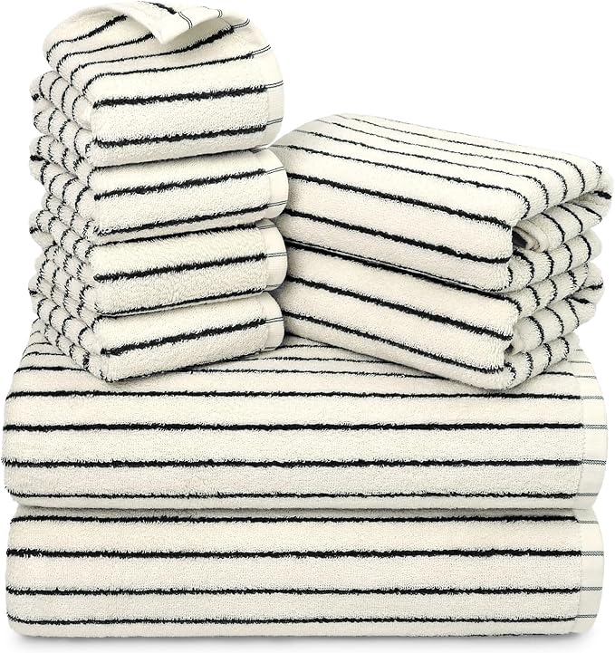 8 Piece Black and Ivory Towel Set, Super Soft & Absorbent Cotton Striped | Towels for Bathroom Decor, 2 Bath, 2 Hand, 4 Washcloths