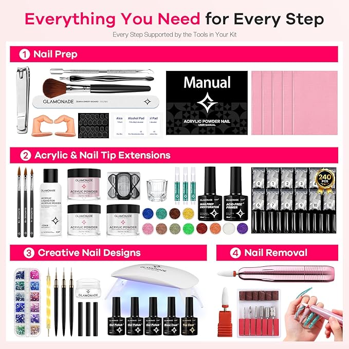 Glamonade Acrylic Nail Kit for Beginners: Professional Nail Set with Drill Acrylic Powder Gel Polish Nail Stamp for Home Starter Practice & DIY Manicure
