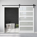48" x 84" 5-Lites Frosted Glass Sliding Barn Door with 8FT Sliding Door Hardware Kit, Easy Assembly for Mortise and Tenon Structure, Water & Scratch Resistant MDF Barn Doors for Bathroom, Pre-Drilled