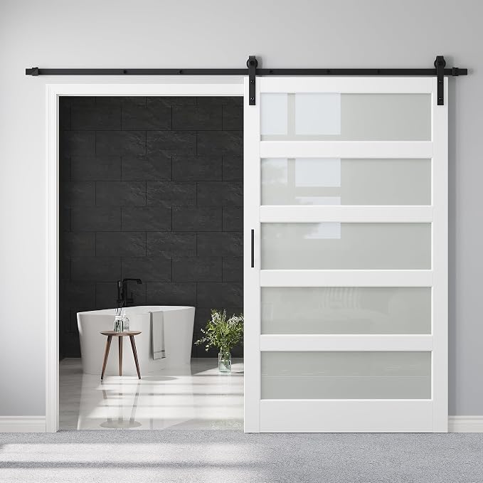 48" x 84" 5-Lites Frosted Glass Sliding Barn Door with 8FT Sliding Door Hardware Kit, Easy Assembly for Mortise and Tenon Structure, Water & Scratch Resistant MDF Barn Doors for Bathroom, Pre-Drilled
